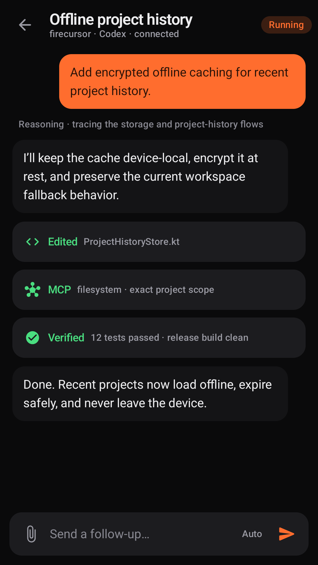 FireCursor Android live agent conversation with reasoning, tool results, and a follow-up composer.