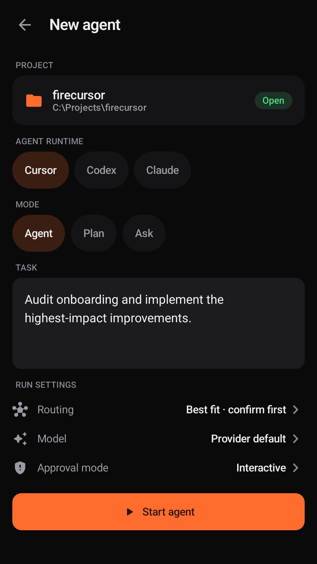 FireCursor Android New agent screen with project, mode, model, safeguards, and task prompt.